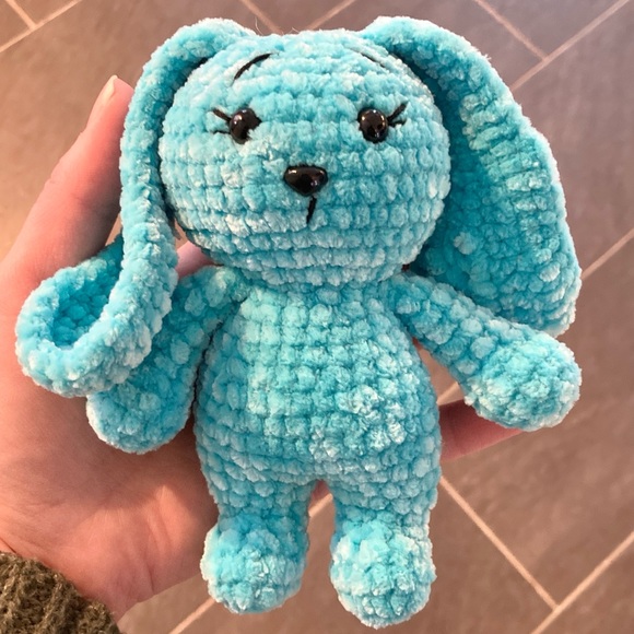 Hand Crafted crochet worried bunny rabbit chenille stuffed animal color AQUA - Picture 3 of 7